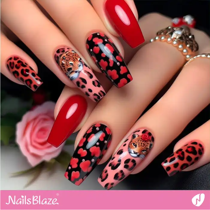 Red and Black Leopard Print Nails | Animal Print Nails - NB2568